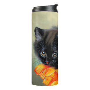 Bouteilles Isothermes Kitten noir vintage avec couverture de fleurs roug