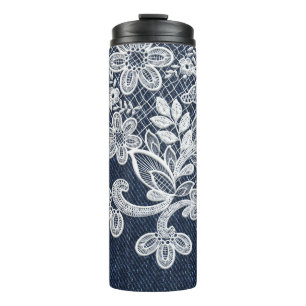BOUTEILLES ISOTHERMES LACE BLANCHE REGARDEZ LES TEXTURES DE DENIM BLEUS