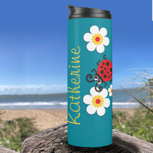 Bouteilles Isothermes Ladybug filles nom rouge blanc jaune sur aqua