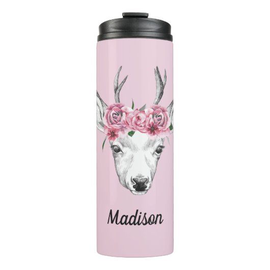 Bouteilles Isothermes Les cerfs communs de fleurs d'aquarelle | ajoutent (Devant)