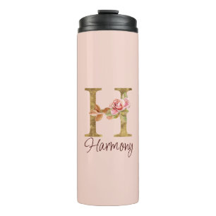 Bouteilles Isothermes Lettre de nom personnalisée H Rose Pâle Roses Feui