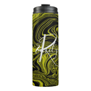Bouteilles Isothermes Lime et marbre noir Agate Nom Abstrait Monogramme