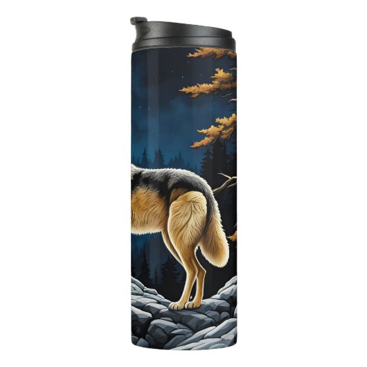 Bouteilles Isothermes Loup dans la forêt avec lune jaune (Tourné sur la droite)