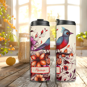 Bouteilles Isothermes Magnifique oiseau rouge et nom floral personnalisé