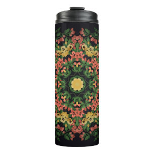 Bouteilles Isothermes Mandala floral clair aux fleurs rouges et jaunes.