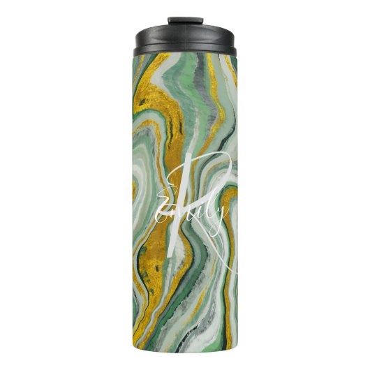 Bouteilles Isothermes Marbre vert et or Agate Nom Abstrait Monogramme (Devant)