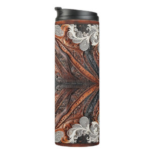 Bouteilles Isothermes Mariage rustique en cuir et dentelle multicolore