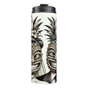Bouteilles Isothermes Mariée et Marié Tête de Tiki Ananas Aloha Mariage