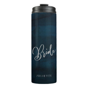 Bouteilles Isothermes Mariée Monogramme Argent Bleu Foncé Lustré Navy
