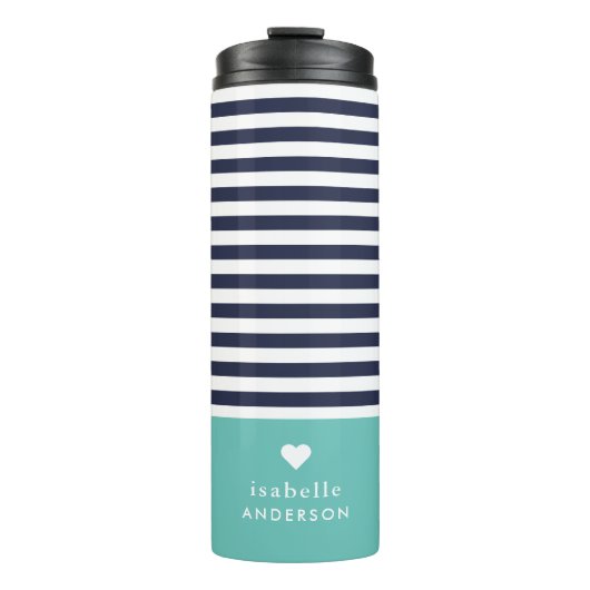 Bouteilles Isothermes Marine Bleu et Aqua Chic Stripes Coeur Monogramme (Devant)