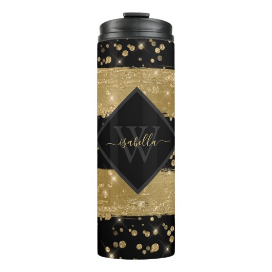 Bouteilles Isothermes Moderne Féminin Monogramme Script Noir Paillettes (Devant)