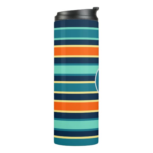 Bouteilles Isothermes Monogramme à rayures couleur bleu orange rétro (Tourné sur la gauche)