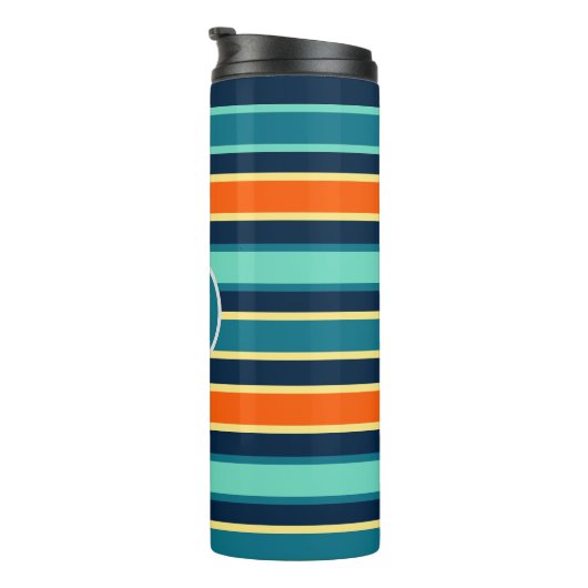 Bouteilles Isothermes Monogramme à rayures couleur bleu orange rétro (Tourné sur la droite)