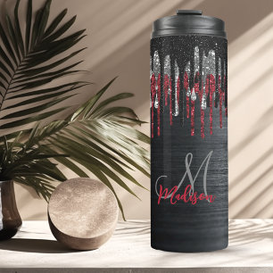 Bouteilles Isothermes Monogramme chic noir et rouge à paillettes argenté