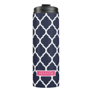 Bouteilles Isothermes Monogramme de Quatrefoil bleu marine et rose maroc
