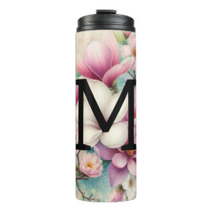 Bouteilles Isothermes Monogramme dentelle rose violet fleurs de magnolia