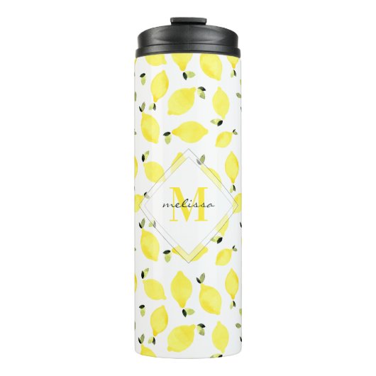 Bouteilles Isothermes Monogramme jaune + Nom sur Motif citron aquarelle (Devant)