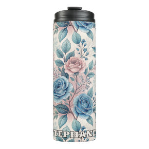 Bouteilles Isothermes Motif bleu et rose sur blanc doux