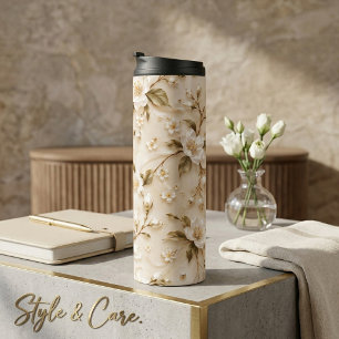 Bouteilles Isothermes Motif botanique élégant blanc floral or olive