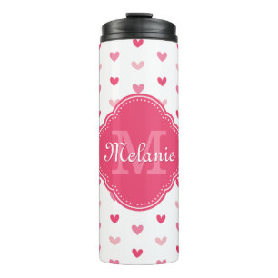 Bouteilles Isothermes Motif de coeur rose et blanc avec Monogramme