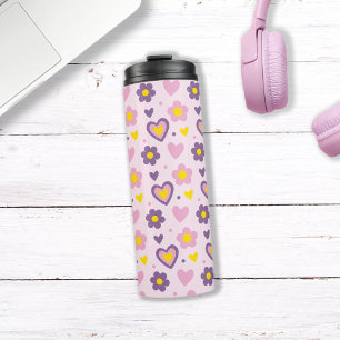 Bouteilles Isothermes Motif Fleurs Rétro Cœurs Rose, Violet, Jaune