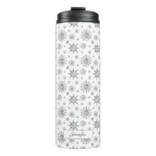 Bouteilles Isothermes Motif Flocons de Neige Gris Argent & Nom Personnal