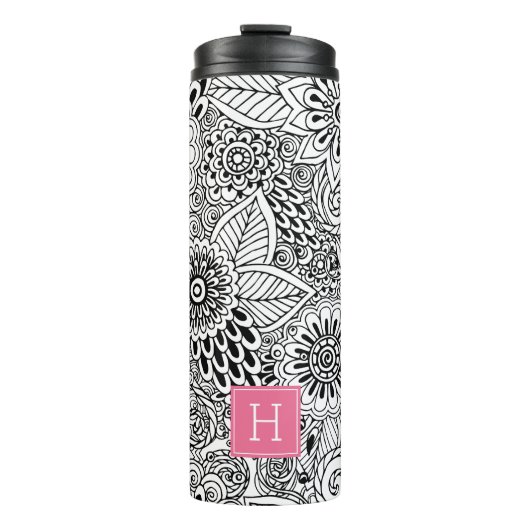 Bouteilles Isothermes Motif floral noir et blanc Monogramme (Devant)
