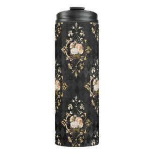 Bouteilles Isothermes Motif Harlequin Floral Noir et Or Vintage