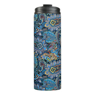 Bouteilles Isothermes Motif Paisley Vibrant en Bleu sur Fond Noir