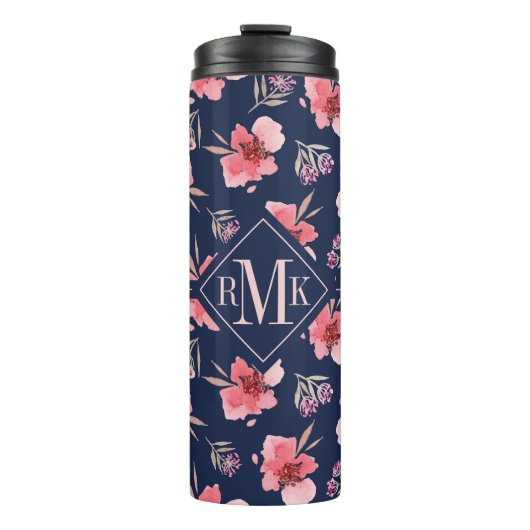 Bouteilles Isothermes Motif rose foncé d'aquarelle du monogramme | (Devant)