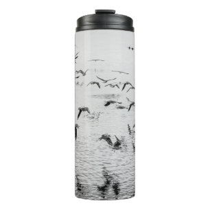 Bouteilles Isothermes Mouettes en mouvement, image d'art fin noir et bla