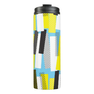 Bouteilles Isothermes Musique jazz, motif géométrique bleu jaune.