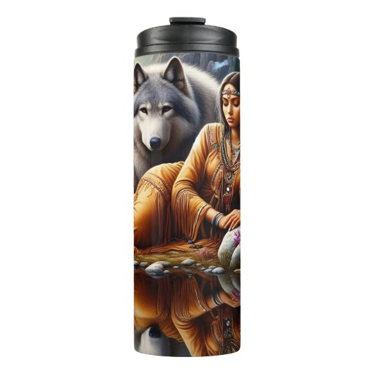 Bouteilles Isothermes Native Tranquil Reflection, Woman and Wolves. (Devant)