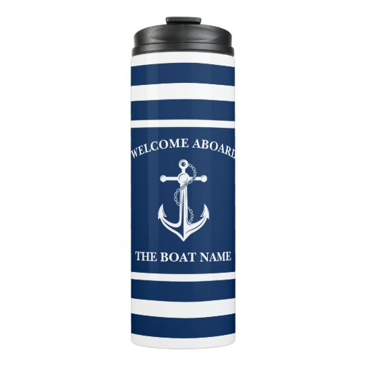 Bouteilles Isothermes Nautical Navy Blue Welcome Aboard Nom du bateau An (Devant)