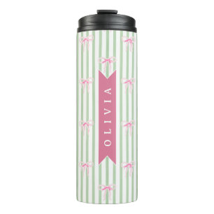 Bouteilles Isothermes Nœud Rose Personnalisé Rayure Verte Coquette Prépa