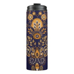 Bouteilles Isothermes Or et bleu, motif sans couture fleurie.