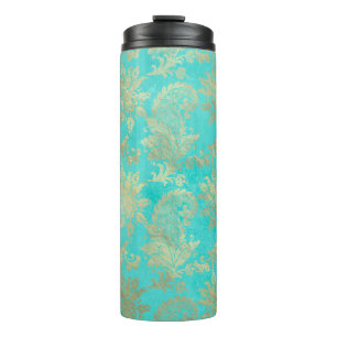 Bouteilles Isothermes Paon damassé turquoise et or