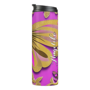Bouteilles Isothermes Papillon doré rose chaud pour fille avec nom perso