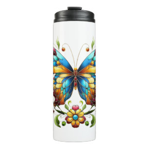 Bouteilles Isothermes Papillon en vitrail coloré avec fleurs