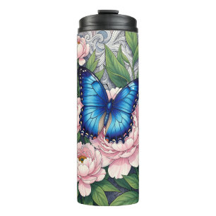 Bouteilles Isothermes Papillon Morpho Bleu avec Art Floral de Pivoines