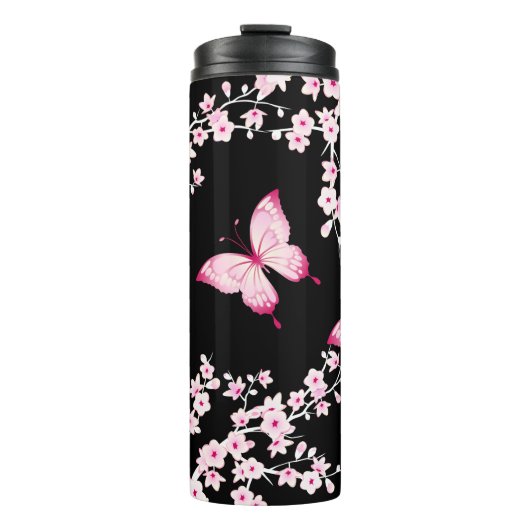 Bouteilles Isothermes Papillon Noir Rose Et Fleurs De Cerisiers  (Devant)