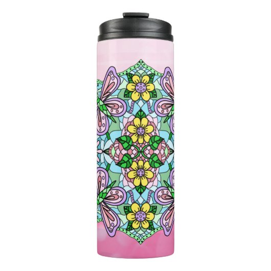 Bouteilles Isothermes Papillon rose Mandala main Whimsical tiré (Devant)