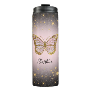 Bouteilles Isothermes papillon rose sur fond noir