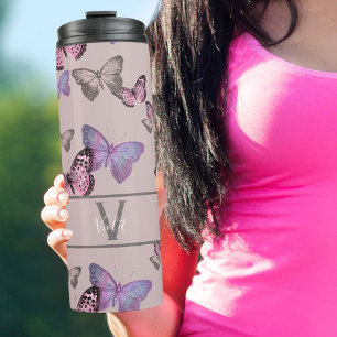 Bouteilles Isothermes Papillons Féminins et Monogramme - Rose Poussiéreu