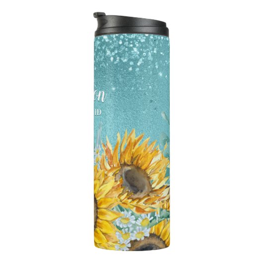 Bouteilles Isothermes Parties scintillant Bleue Aquarelle Tournesol Nom (Tourné sur la droite)