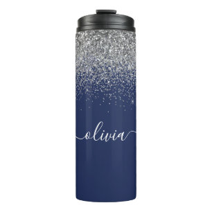 Bouteilles Isothermes Parties scintillant d'argent bleu marine Monogramm