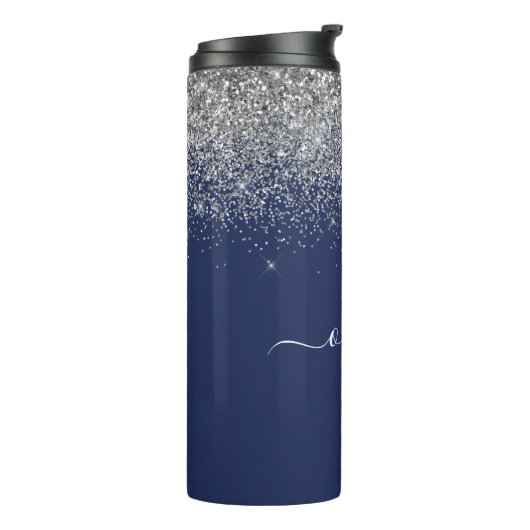 Bouteilles Isothermes Parties scintillant en argent bleu marine Monogram (Tourné sur la gauche)