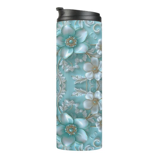 Bouteilles Isothermes Paruline thermique turquoise à fleurs blanches (Tourné sur la droite)