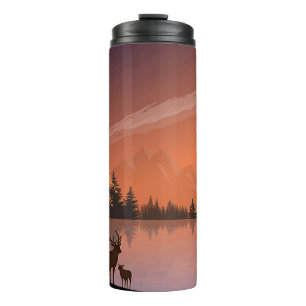 Bouteilles Isothermes Paysage du lever du soleil avec lac et Deers-51207