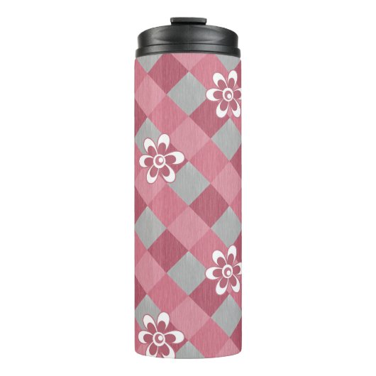 Bouteilles Isothermes Plaid gris et rose avec fleurs camomilaires (Devant)